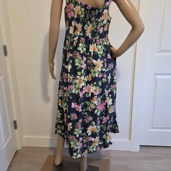 Old Navy Fit & Flare Linen-Blend Midi Dress Navy Blue Floral - Picture 3 of 8